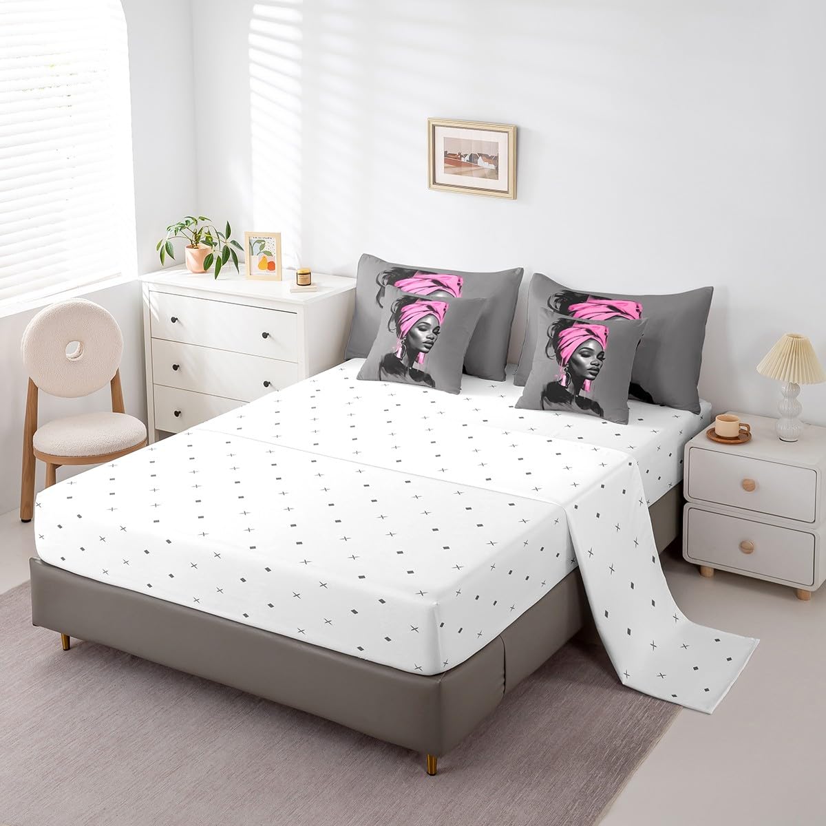 Black Women Comforter Set with Sheets Twin Size African American Woman 7 Piece Bedding Set All Season Teens Pink Abstract Bed in A Bag Breathable Soft Lightweight Modern Room Decor (Light Gray Pink / Twin)