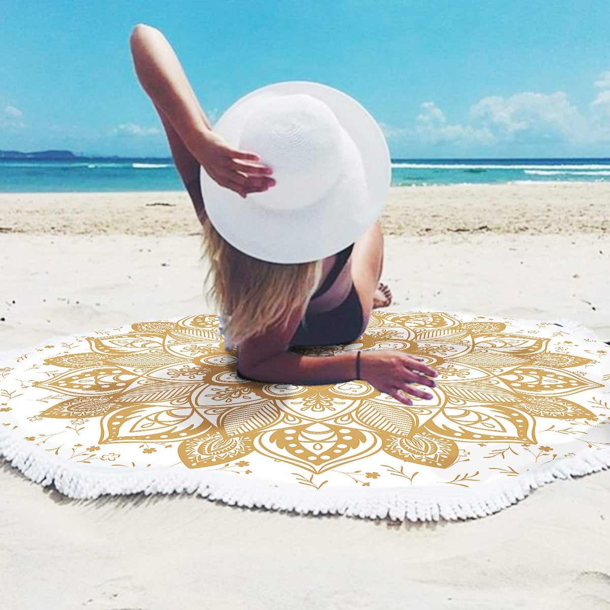 Oversized Round Gold Yellow Mandala Beach Towel Blanket (Yellow Golden Beige Mandala)