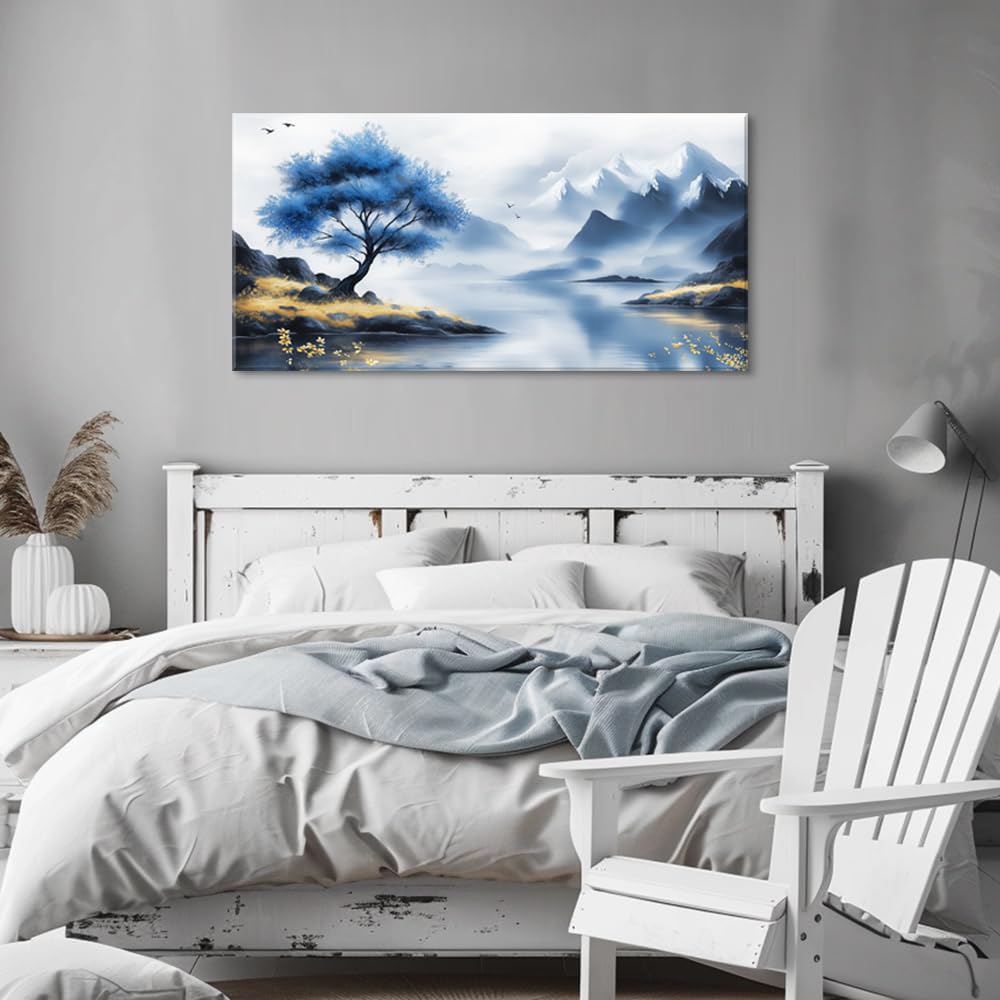 Blue Tree Lake Wall Art for Living Room Canvas Painting Prints Beautiful Mountain Lakeside Landscape White Nature Artwork Office Bedroom Family Room Decor Extra Large (58L" x 28W" / Yellow and Blue Wall Art(k826))