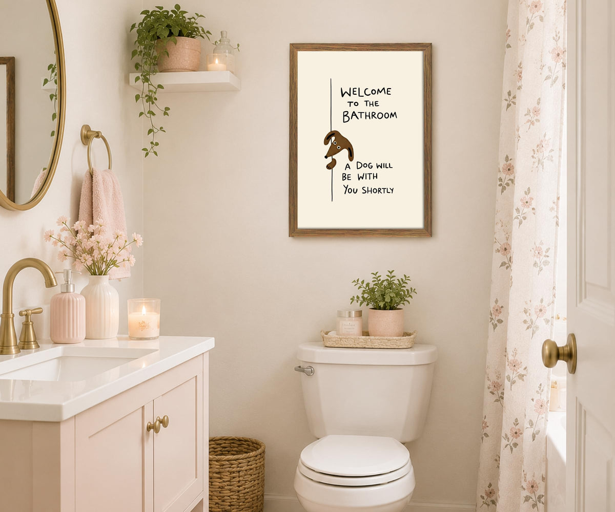 Funny Dog Bathroom Wall Art (Cream, Brown, Black, Natural Wood / 12"L x 16"W)