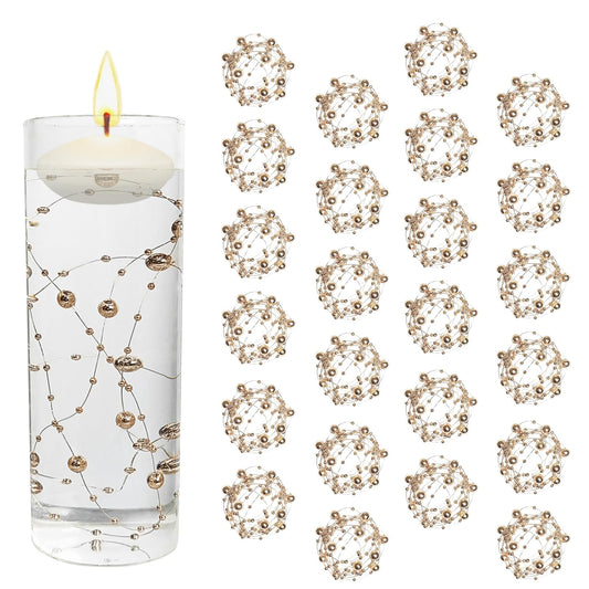 24 Pcs Champagne Gold Artificial Floating Beads Pearls String for Centerpieces Vases Filler (Champagne Gold)