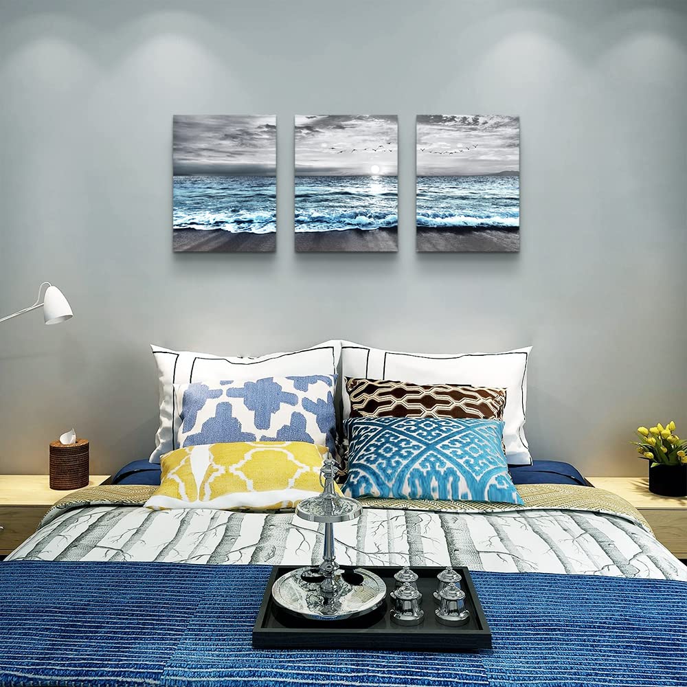 Framed Canvas Wall Art (16x24 inches (Set of 3 Panels) / Blue Ocean Beach)