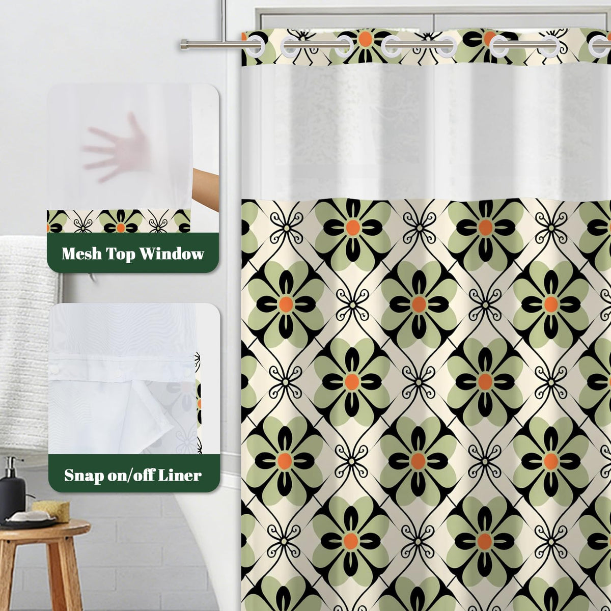 Mid Century Modern Shower Curtain with Snap in Liner (Boho Flower)