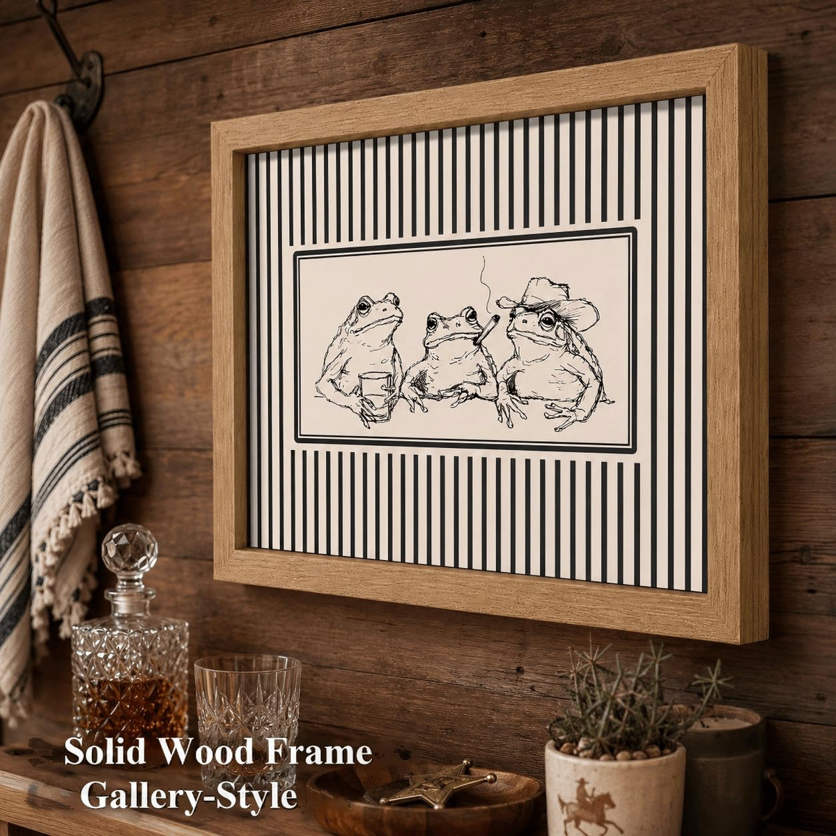 Vintage Western Cowboy Frog Framed Wall Art (Three frogs / 24"L x 16"W)
