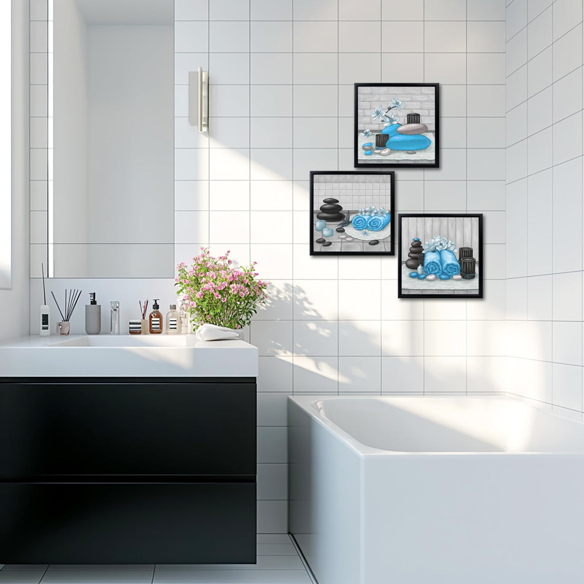 Zen Wall Art Decor Blue Bathroom Pictures Painting with Black Frames 12"x12" for Each (Light Blue)