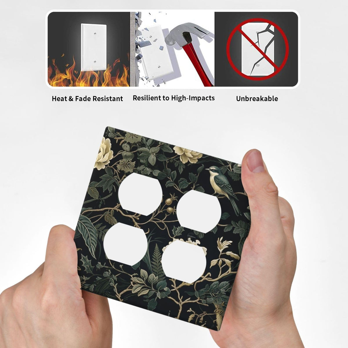 Spring Black Boho Floral Leaf 2 Gang 2 Duplex Combination Light Switch Cover Decorative Combo Dual Device Receptacle Switch Face Wall Plate (Spring Black Boho Floral Leaf / 2 Gang2 Duplex)