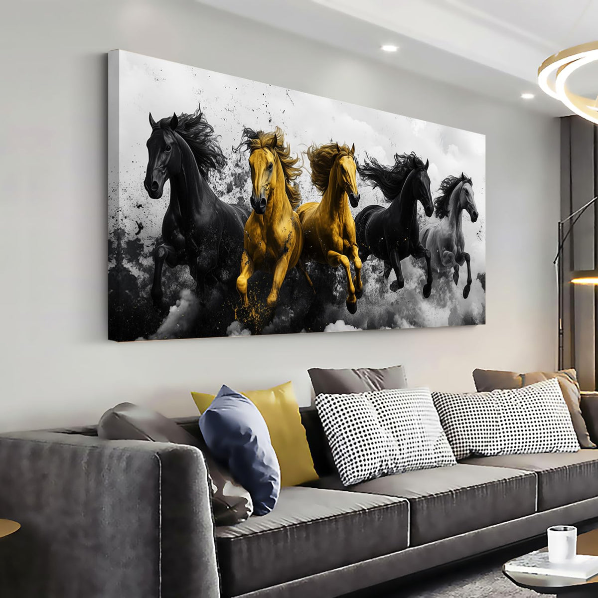 Gold Running Horses Wall Art for Living Room Office Abstract Dynamic Movement Modern Painting Prints Contemporary Canvas Artwork Dining Bedroom Decor Extra Large (Abstract / Black Gold Gray Horses Wall Art / 58"L x 28"W)