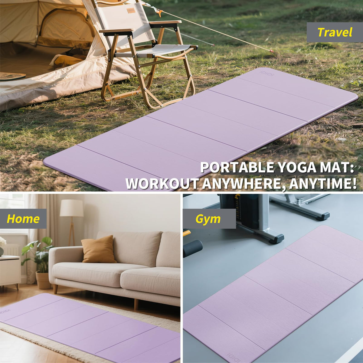 Foldable Yoga Mat Extra Large 74"×31.5" (Light Purple+Black)