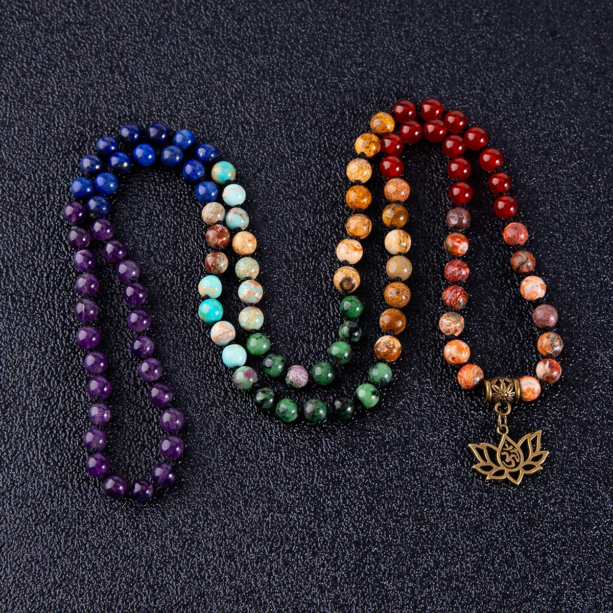 7 Chakra 108 Mala Beads Bracelet Real Gemstone Yoga Meditation Hand Knotted Mala Prayer Bead Necklace (6mm / # Lotus OM - 7 Chakras)