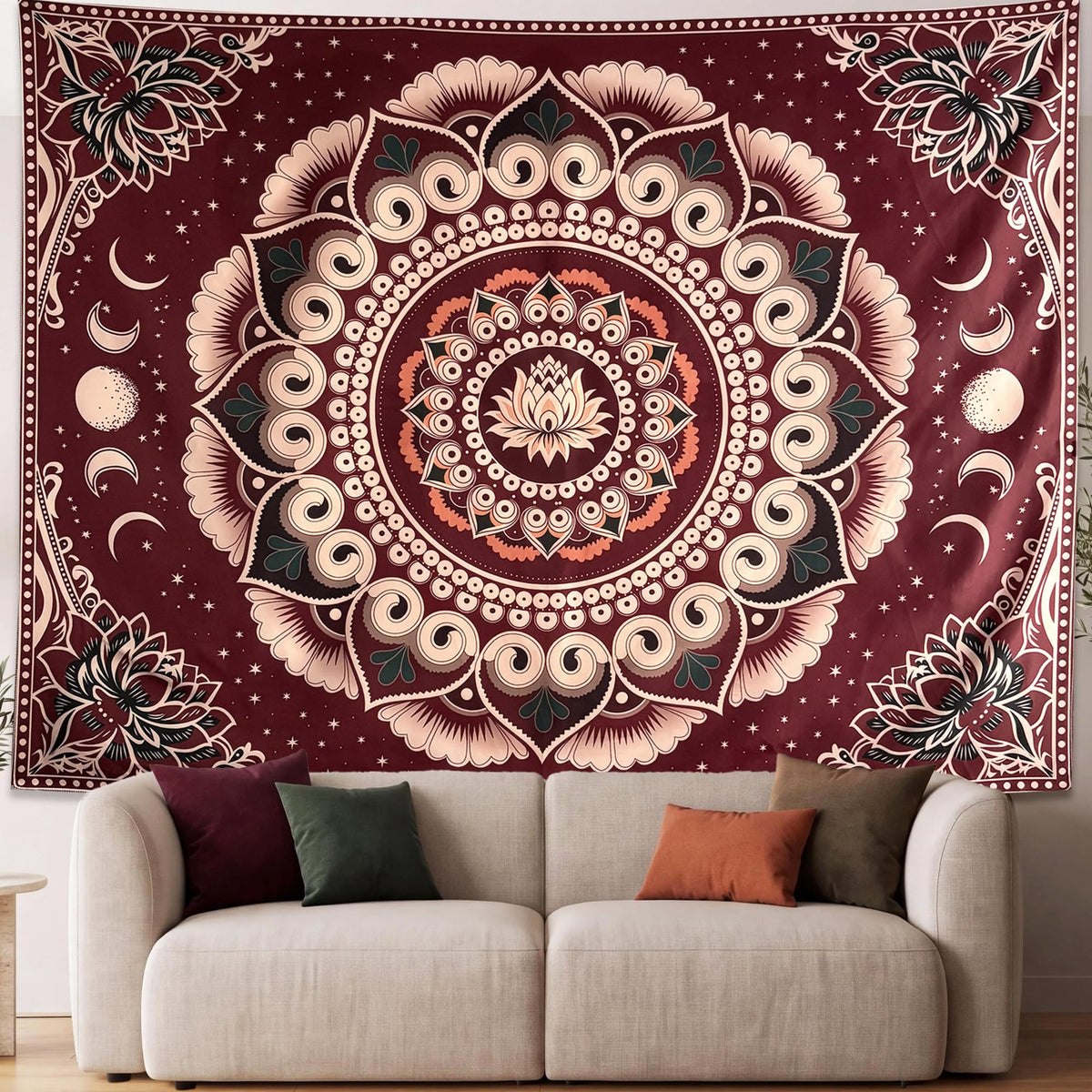Red Boho Lotus Mandala Tapestry Wall Hanging for Bedroom 60 x 44 Inch (Red / 60"L x 44"W)
