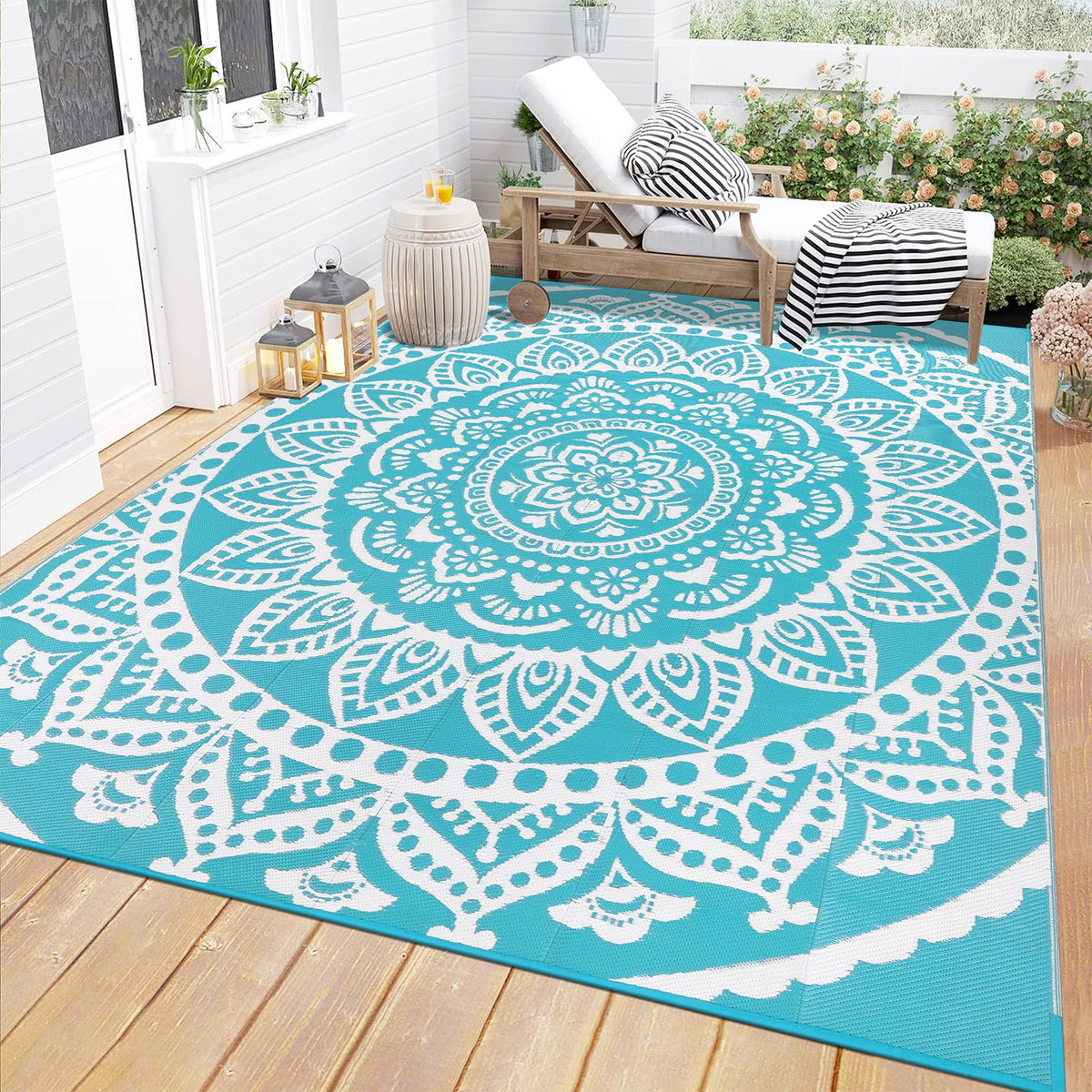 Waterproof Outdoor Rug 6'x9' Reversible Boho Plastic Straw Patio Deck Camping Rugs (Flower Teal / 6' x 9')