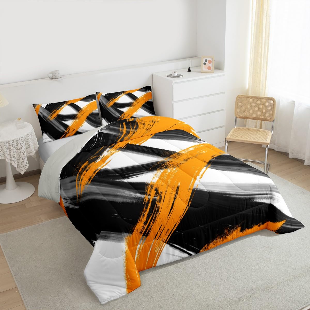 Black Orange Comforter Set Twin Size Abstract Geometric Bedding Set for Boys Girls Modern Minimalist Duvet Quilt Room Decor Breathable Soft Microfiber All Season 2Pcs with 1 Pillow Case (Multi 45685 / Twin)