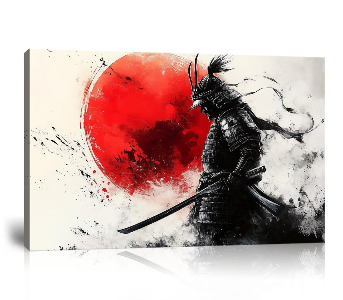 Blood Moon Samurai Silhouette Ink Splash Canvas Framed Wall Art (12"L x 16"W / Samurai27)