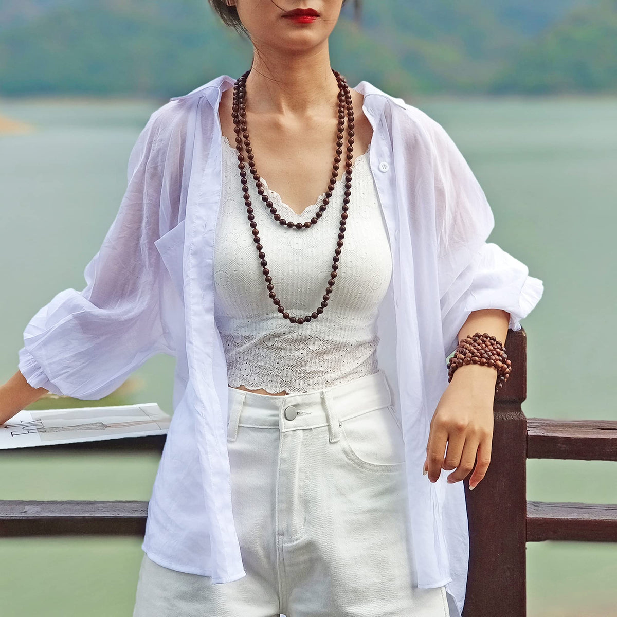 Fashion Natural Round Wood Beads 60'' Long Strand Art Deco Necklace for Women (Ebony)