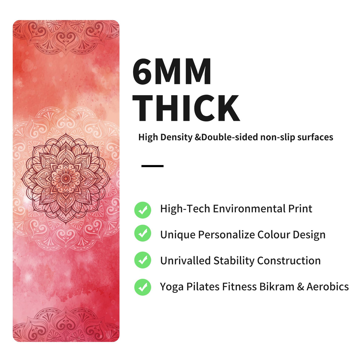 Yoga Mat Print Extra Thick TPE Non Slip Fitness Exercise Mat with Carrying Bag (ManTuoLuo1)