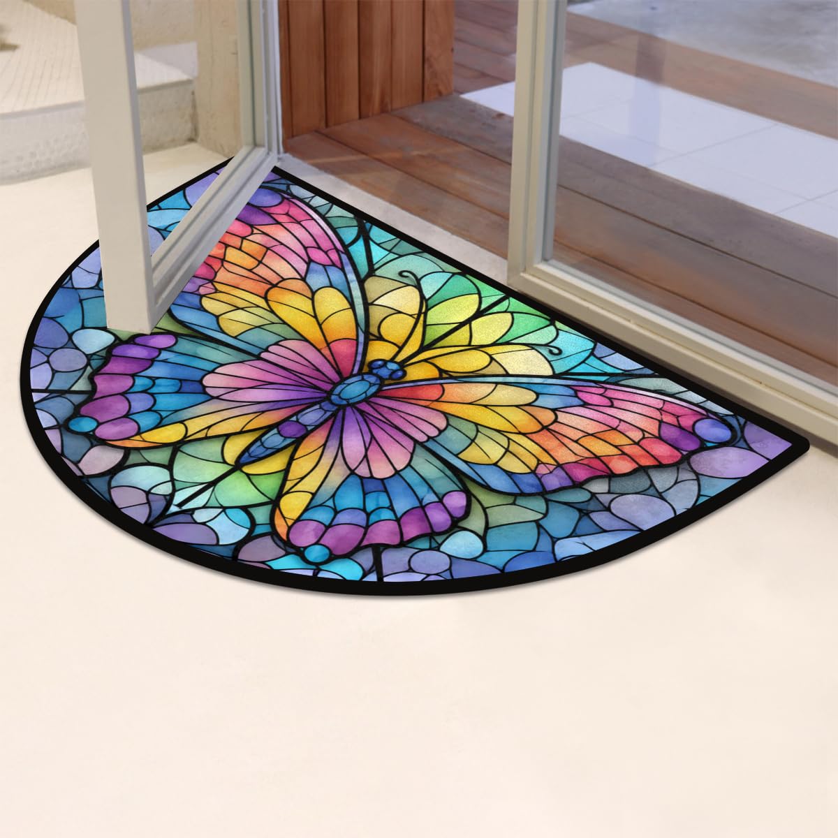 Colorful Stained Glass Butterfly Half Round Door Mat Indoor Entrance Low Pile Non Slip Absorbent Semi Circle Welcome Mats Doormats 36x24 in Floor Mats for Home Kitchen (Colorful Stained Glass Butterfly)