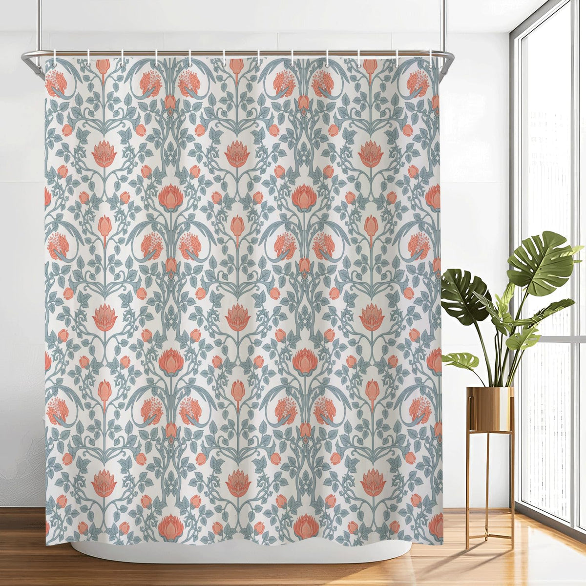 Art Nouveau Floral Print Waterproof Fabric Shower Curtain with Rings (Classic Flora)