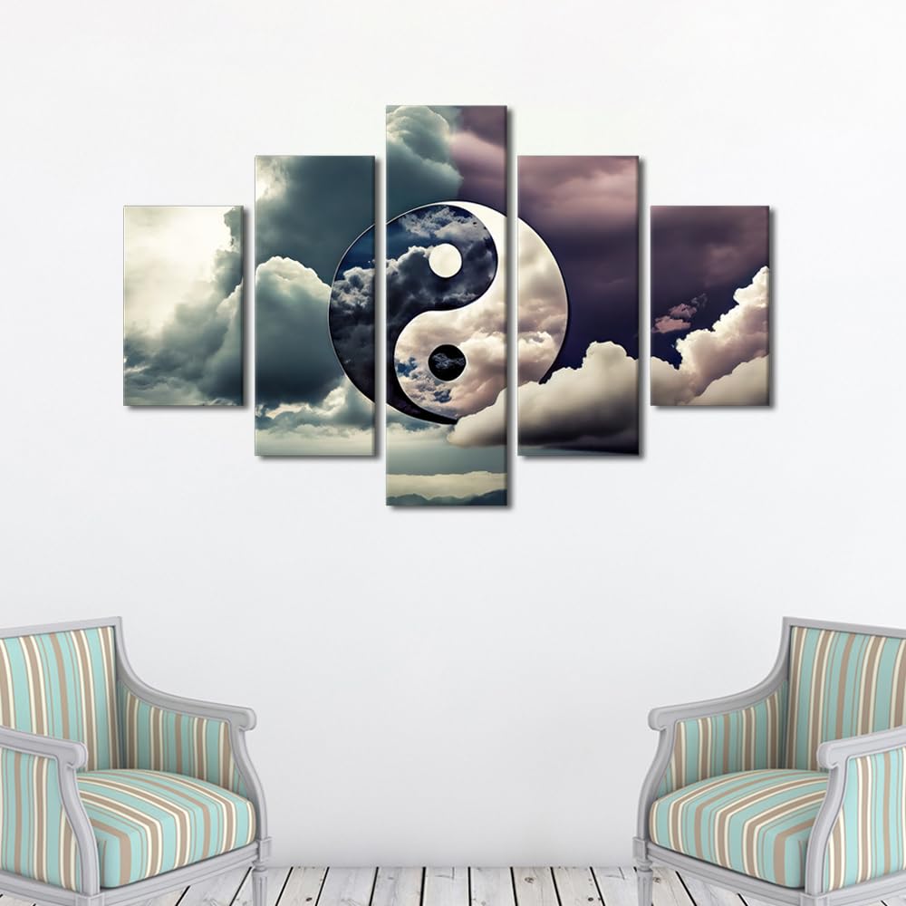 Canvas Wall Art Oversized Yin Yang Among Clouds Design Stretched Framed Painting Five Piece Set Meditation Space Decor Zen Inspired Art Ready to Hang 60" Wx40 H (60''Wx40''H / Artwork-11)