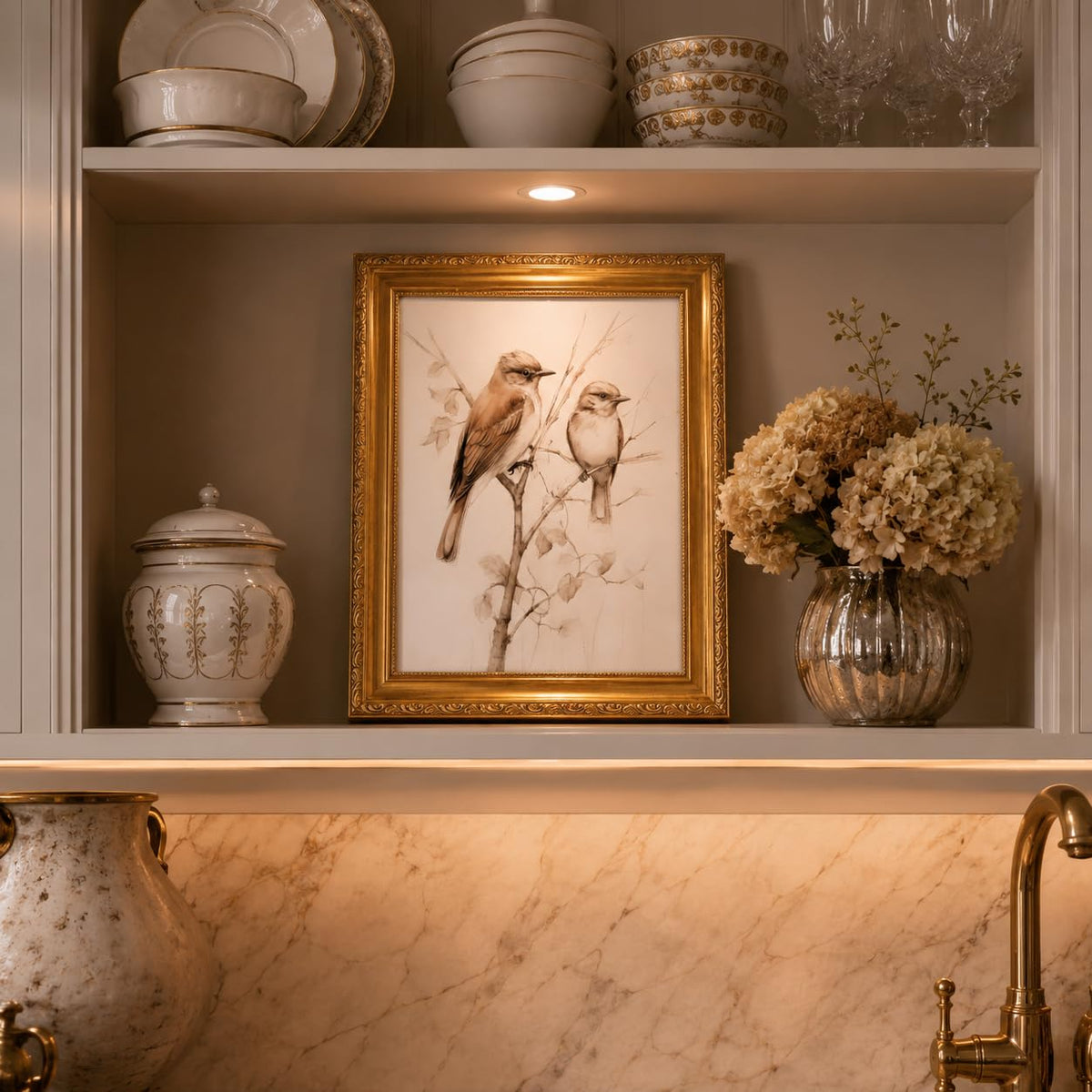 Gold Framed Bird Canvas Wall Art Vintage Birds Wall Decor Aesthetic Sparrow on Branch Painting Picture Rustic Farmhouse for Living Room Kitchen Bedroom Decor 9X11in (Neutral birds / 11L" x 9W")