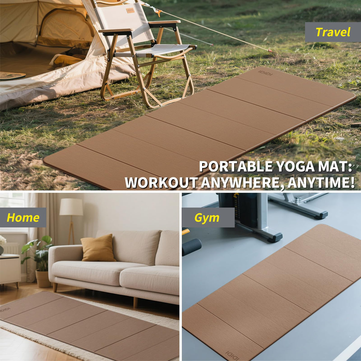 Foldable Yoga Mat Extra Large Wide 74"×31.5" (Brown+Black)