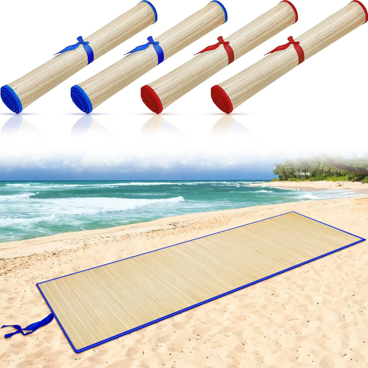 4 Packs Straw Beach Mat with Trim (70 x 24 Inch / Blue, Red)