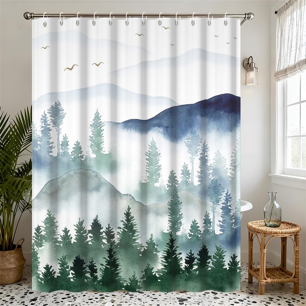 Green Forest Shower Curtain Mountain Birds Misty Pine Forest Scenery Shower Curtain Waterproof Fabric for Bathroom Decor (72"W x 78"L (Pack of 1) / Green06)