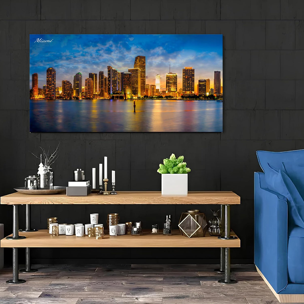 Miami Wall Art City Skyline Picture Prints Modern Office Home Decor Cityscape Painting Skyscrapers Night View Canvas Picture USA Florida Landscape Canvas Poster Artwork Living Room Decorations 20x40” (40"L x 20"W / Miami)