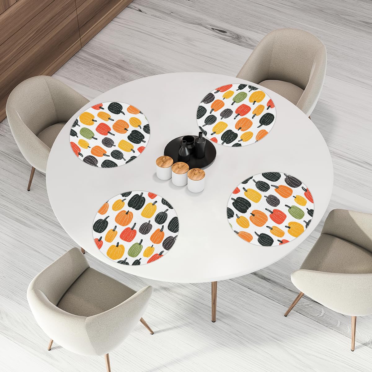 Thanksgiving Cartoon Pumpkin Round Placemats Set of 4 Woven 15 Inch (B 005 / 4 pieces)