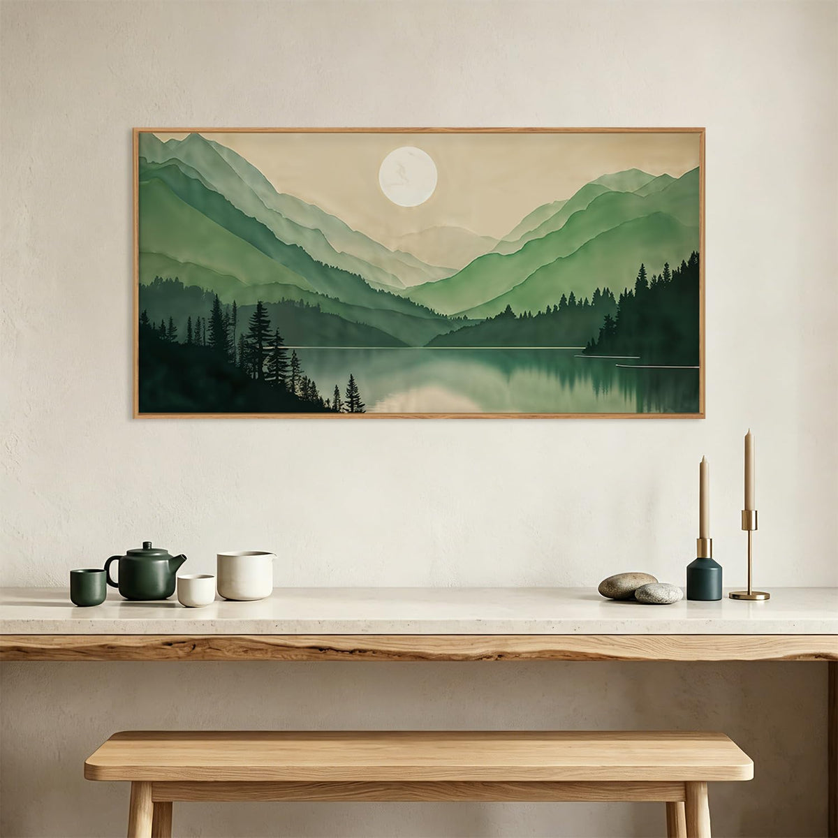 Green Boho Mountain Lake Framed Canvas Wall Art Set (Green Landscape Wall Art / 40"L x 20"W)