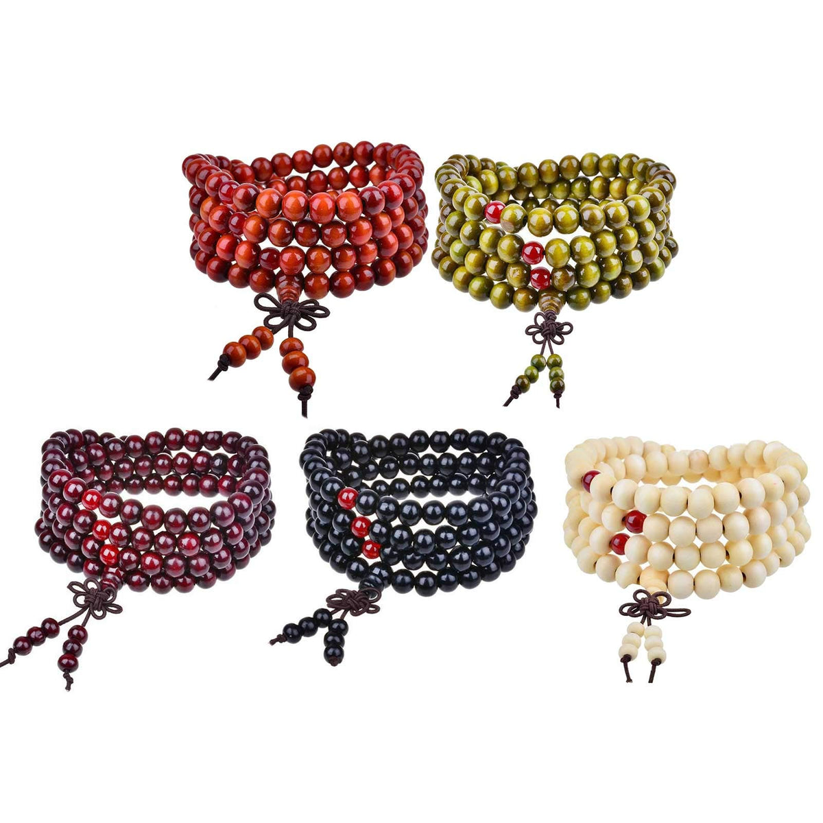 1 5 Pcs Unisex 108 Natural Sandalwood Beads Prayer Bracelets 8MM Wood Beads Stackable Bracelet Wooden Necklace Meditation Buddhist Rosary Mala Necklaces for Women Men (Brown)