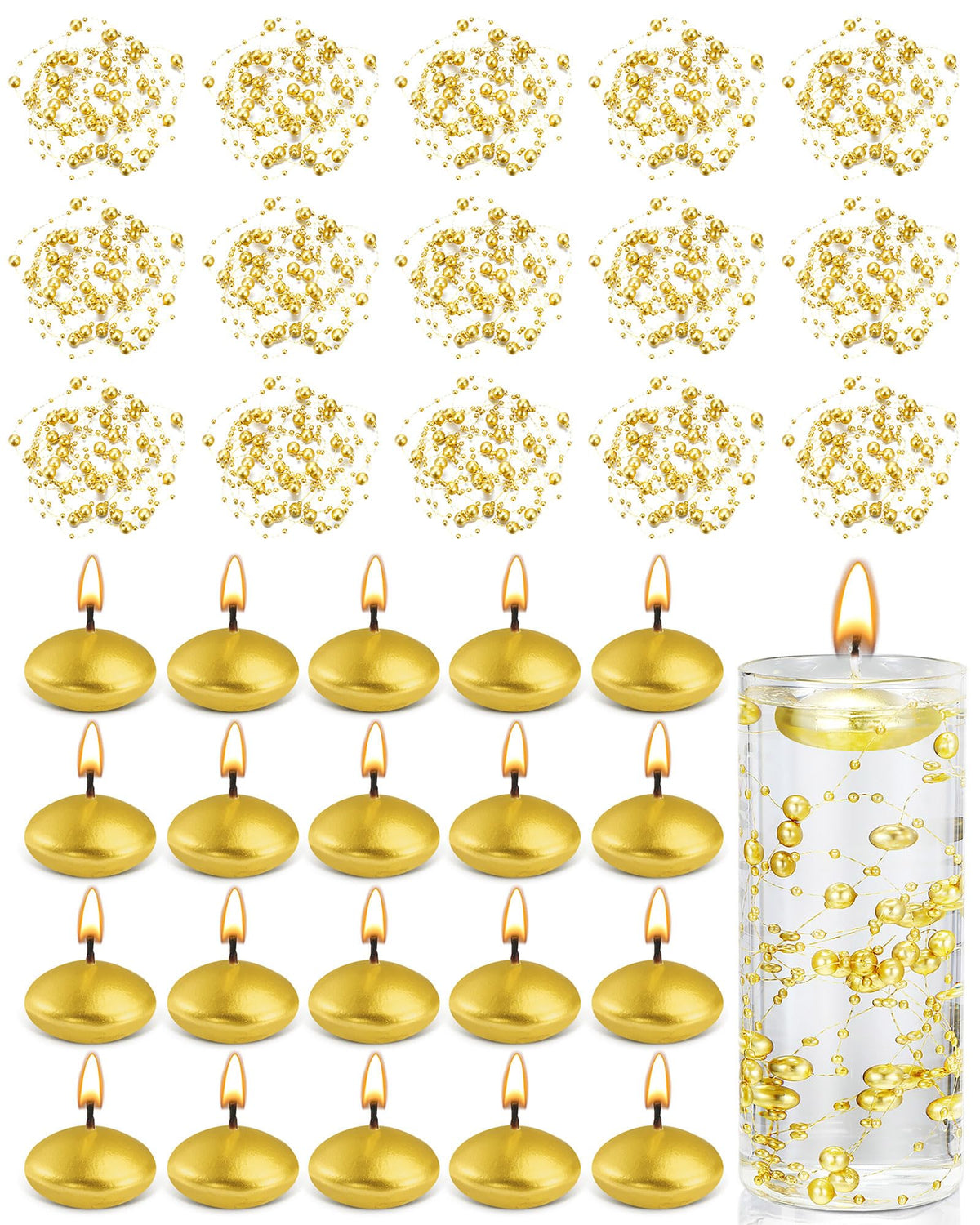 40 Pcs Gold Floating Candles and Pearl String Centerpiece Set (Gold)