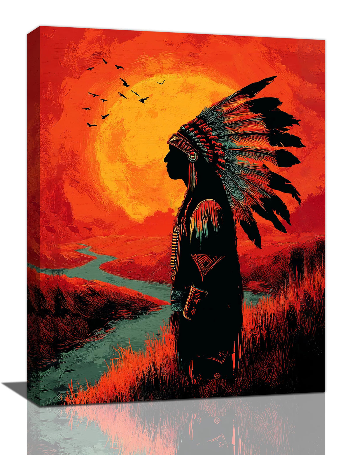 Native American Wall Art Indian Tribe Wall Decor Feather Canvas Pictures Vintage Landscape Paintings Prints Traditional Artwork Framed Decorations For Bathroom Bedroom Living Room Office Gifts 12" x 16" (Native American / 16"L x 12"W)