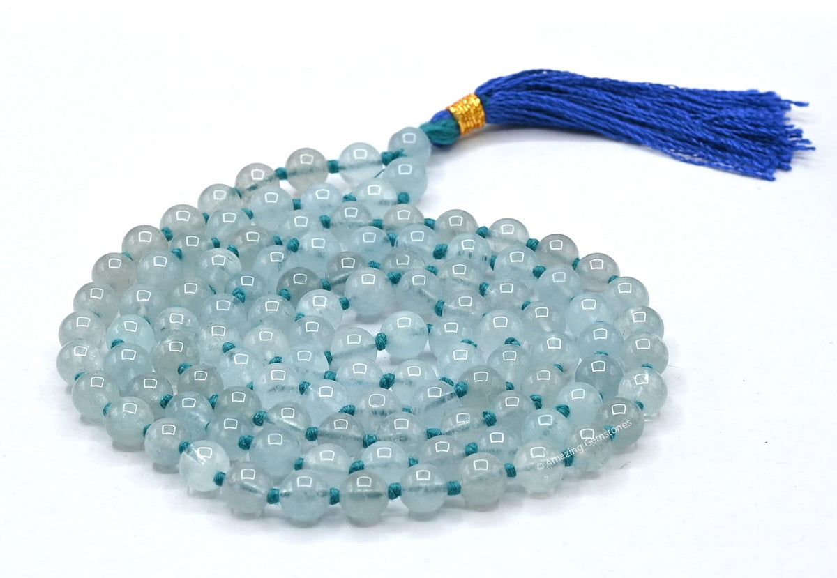 Aquamarine Buddhist Prayer Beads Japa Mala with 108 Meditation Beads (Hand Knotted / Aquamarine)
