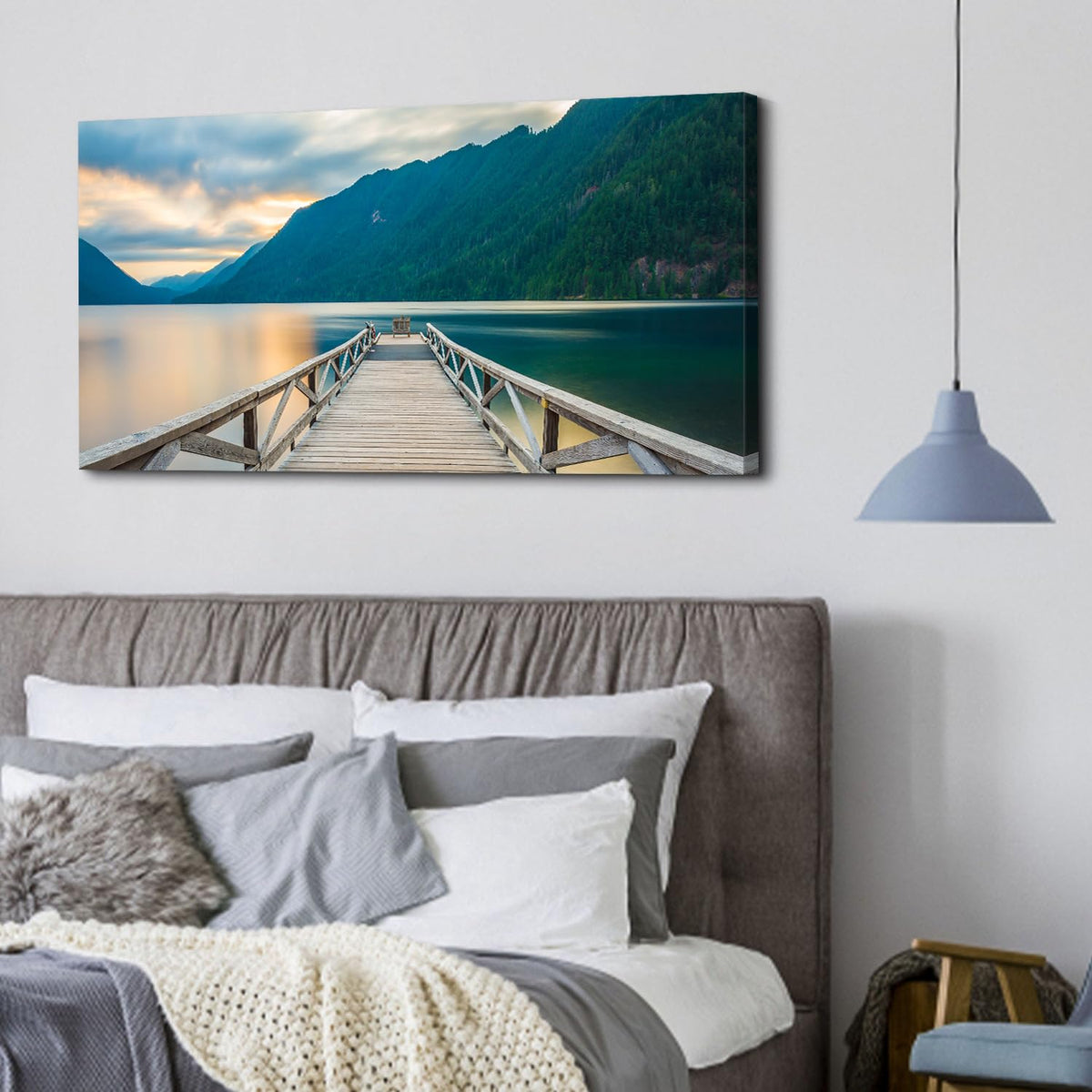 Olympic Mountain Canvas Wall Art Living Room Decor Crescent Lake Landscape Pictures Sunset National Park Posters Nature Wood Dock Scenery Painting Artwork for Bedroom Office Home Decoration 20x40" (40"L x 20"W / Olympic)
