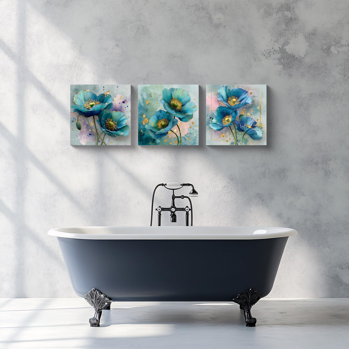 3Pcs Blue Teal Poppy Flower Wall Art Canvas Print with Gold Accents Modern Botanical Floral Contemporary Watercolor Style Elegant Flower Artwork for Living Room Bedroom Home Office Wall Decor (16 x 16 inches (3-Piece Set) / Blue Poppy)