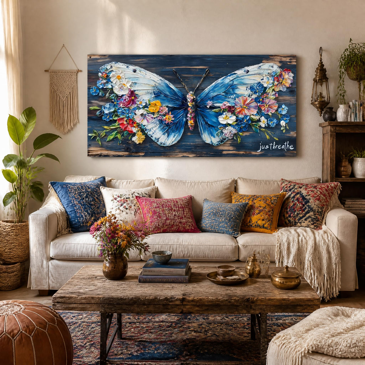 Blue Floral Butterfly Canvas Wall Art Just Breathe Inspirational Quote Painting Print Gallery Wrapped Rustic Wood Artwork for Living Room Bedroom Bathroom Decor (Wildlife / White Butterfly Flowers 4 / 40"L x 20"W)