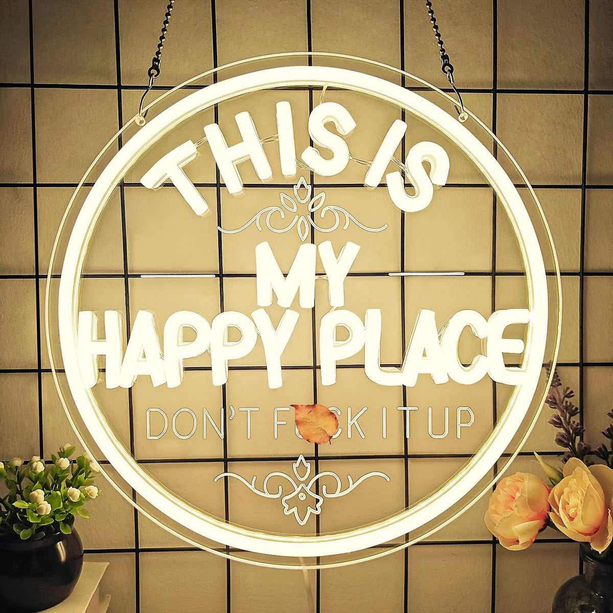 This is My Happy Place don't F it up Neon Sign Dimmable Funny Farmhouse Led Sign This Is My Happy Place Sign Humorous Neon Lights for Home Garden Bar Wall Decor (HappyPlace)
