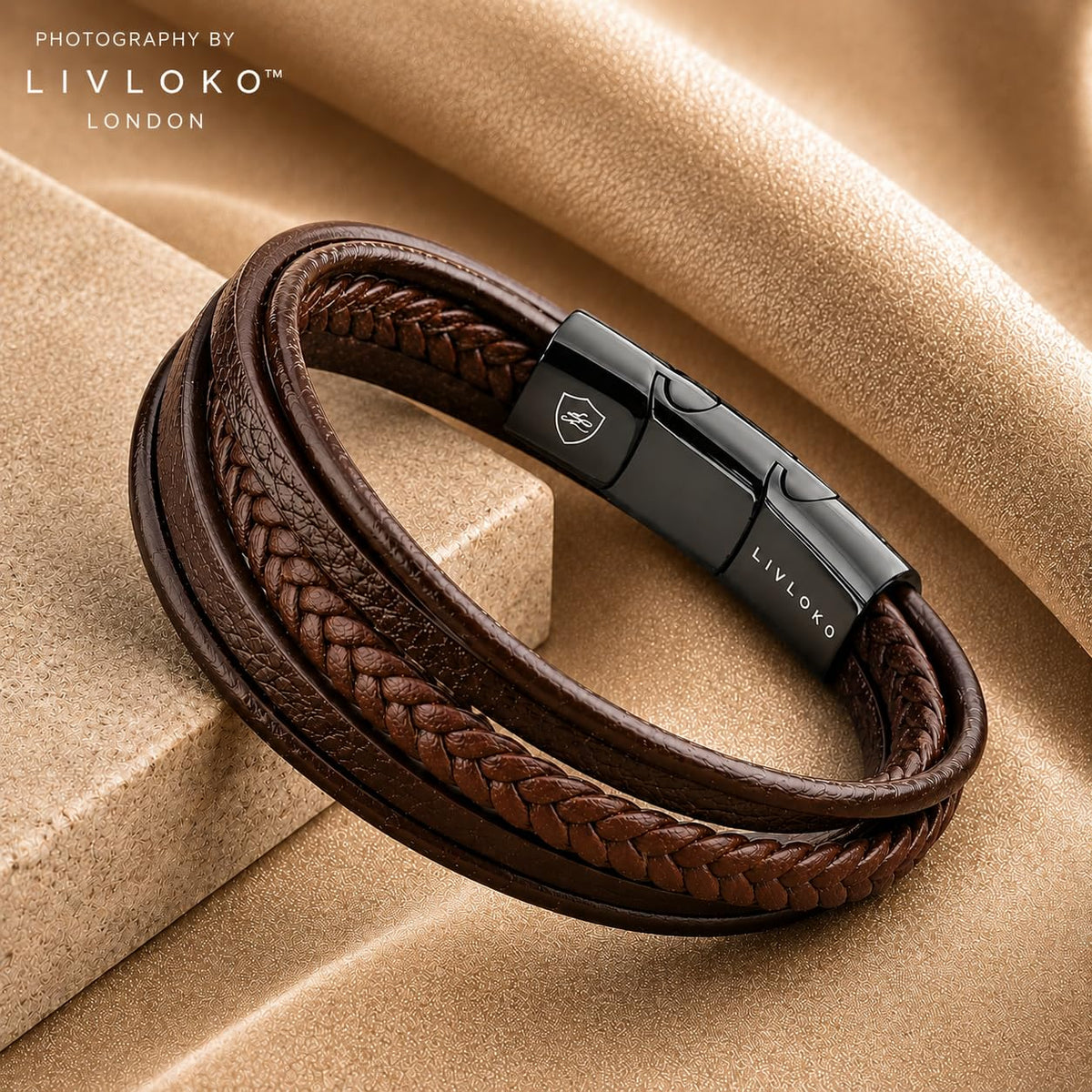 Mens Bracelet Leather Black Multi (D. Brown Leather Adjustable / 7 IN)