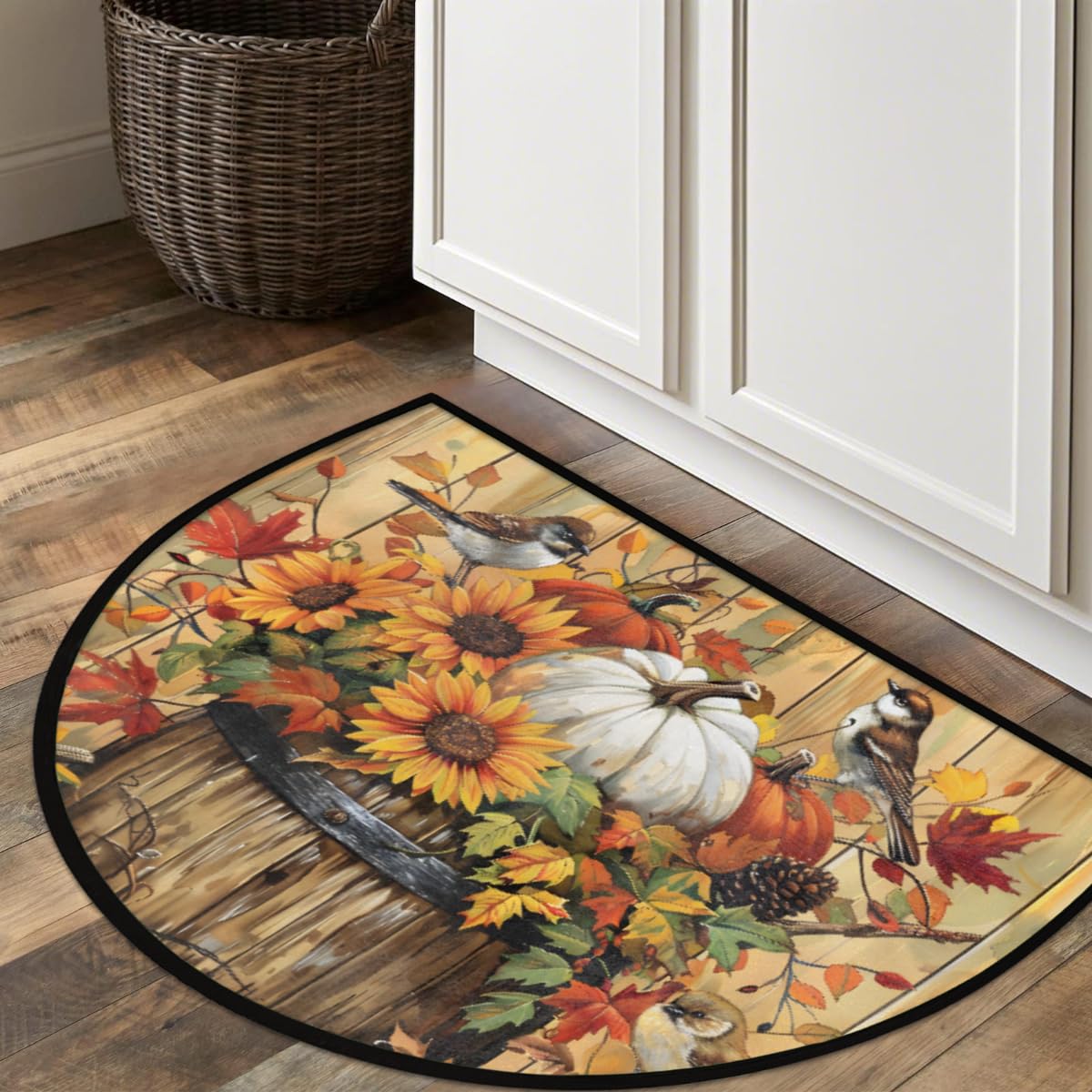 Autumn Bird Half Round Door Mat Indoor Entrance Semi Circle Area Rugs (E Retro Wooden Fall Bird)