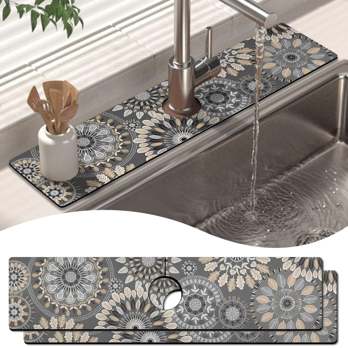 2 Pack Kitchen Sink Splash Guard Faucet Mat 24" X 5.5" Mandala Absorbent Fast Drying Mat Faucet Draining Mat Sink Splash Guard Behind Faucet Drip Catcher for Kitchen Bathroom (24*5.5inx2 / mandala)