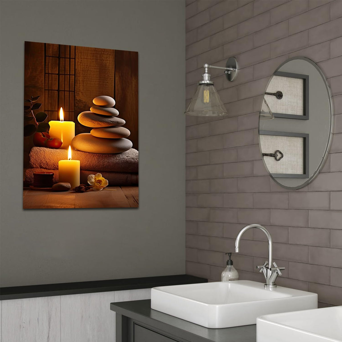 Zen Spa Wall Art Meditation Room Wall Decor Massage Stones with Atmospheric Candles Relax (Zen-03 / 24"L x 16"W)