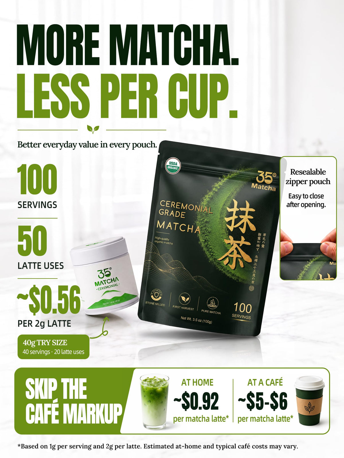 100g 3.5 oz Organic Ceremonial Matcha for Café (3.5oz/100g)