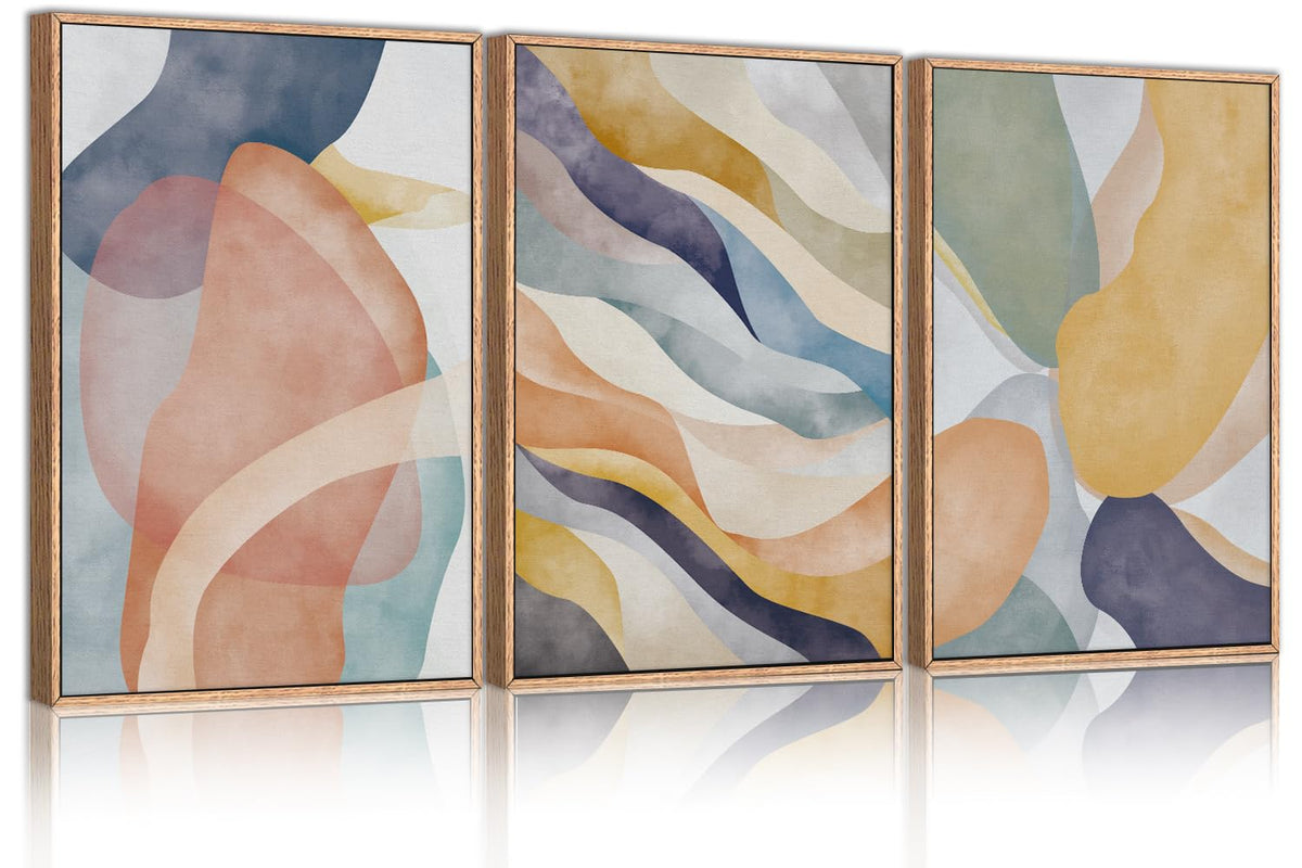 Large Abstract Neutral Framed Canvas Wall Art Set (Abstract Colorful Wall Art / 16''x24''x3)