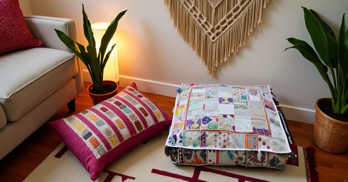 Indian Square Patchwork Traditional Pouf Cover Indian Living Room Poufs Decorative Embroidered Designer Ottoman Home Living Footstool Chair Cover Decor Pillow Cover 35 inches (35"D x 35"W x 5"H / Off White)