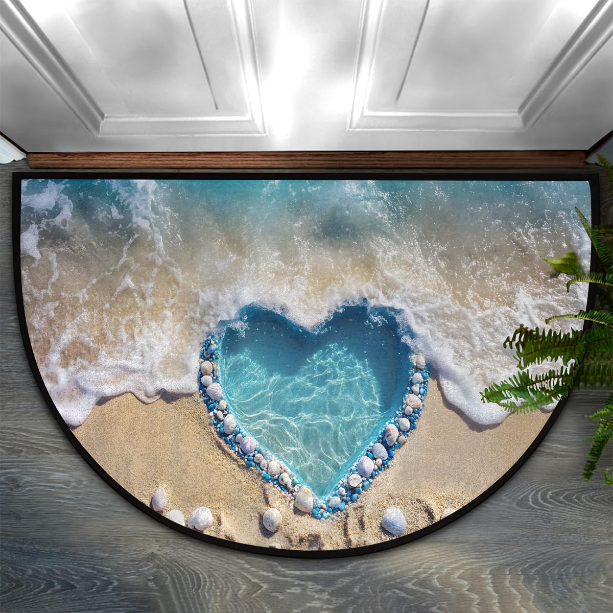 Beach Heart Seashell Half Round Door Mat Non Slip Washable Semi Circle Area Rug Absorbent Soft Half Moon Rug Floor Mat for Indoor Outdoor Kitchen Bathroom Patio Front Door Mat Decor (Z3)