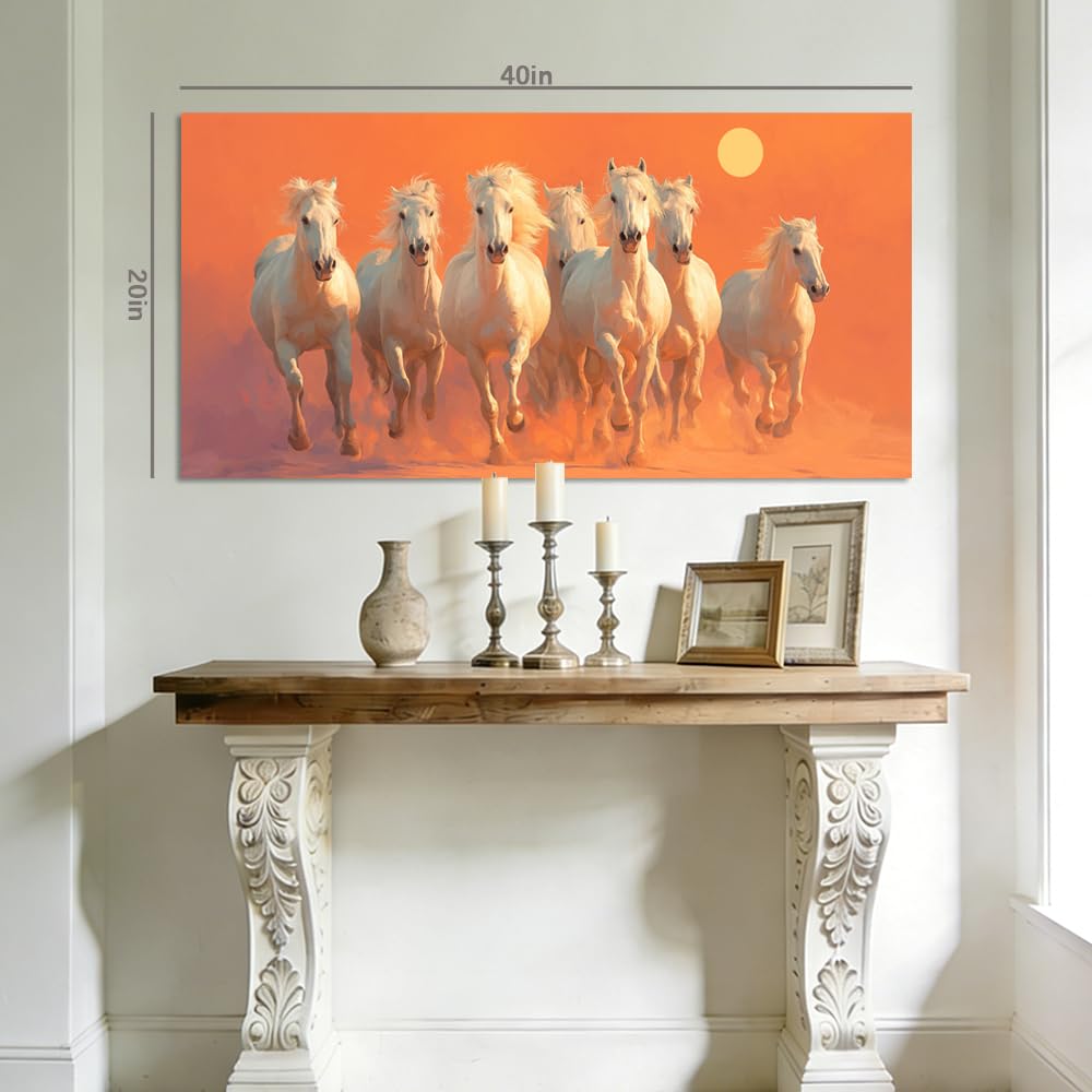 Seven White Horses Canvas Wall Art Feng Shui Running Horse Painting Print Gallery Wrapped Orange Sunset Animal Artwork for Living Room Bathrrom Bedroom Decor (Wildlife / White Horses 1 / 40"L x 20"W)