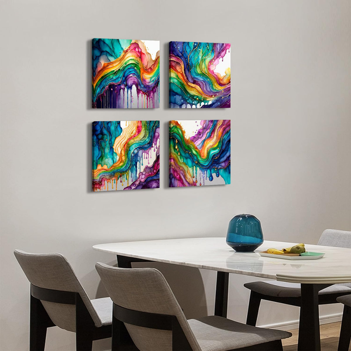 Colorful Wall Art Graffiti Rainbow Wall Decor for Living Room Abstract Fluid Lines Pictures Fantasy Watercolor Red Green Blue Liquid Canvas Prints Painting Modern Bedroom Home Decorations 12x12” 4Pcs (12"L x 12"W / Abstract Rainbow)