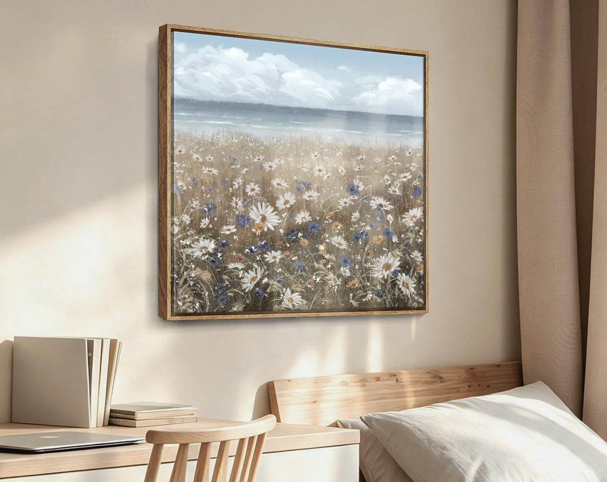 Framed Wall Art Bathroom Décor Boho Beach Coastal Vintage Floral Wall Picture Flower Daisy Flowers by Sea Canvas Print Nautical Small Artwork For Home Farmhouse Living Room Bedroom Office (Coastal Flower Sea Art / 13.5"L x 13.5"W)