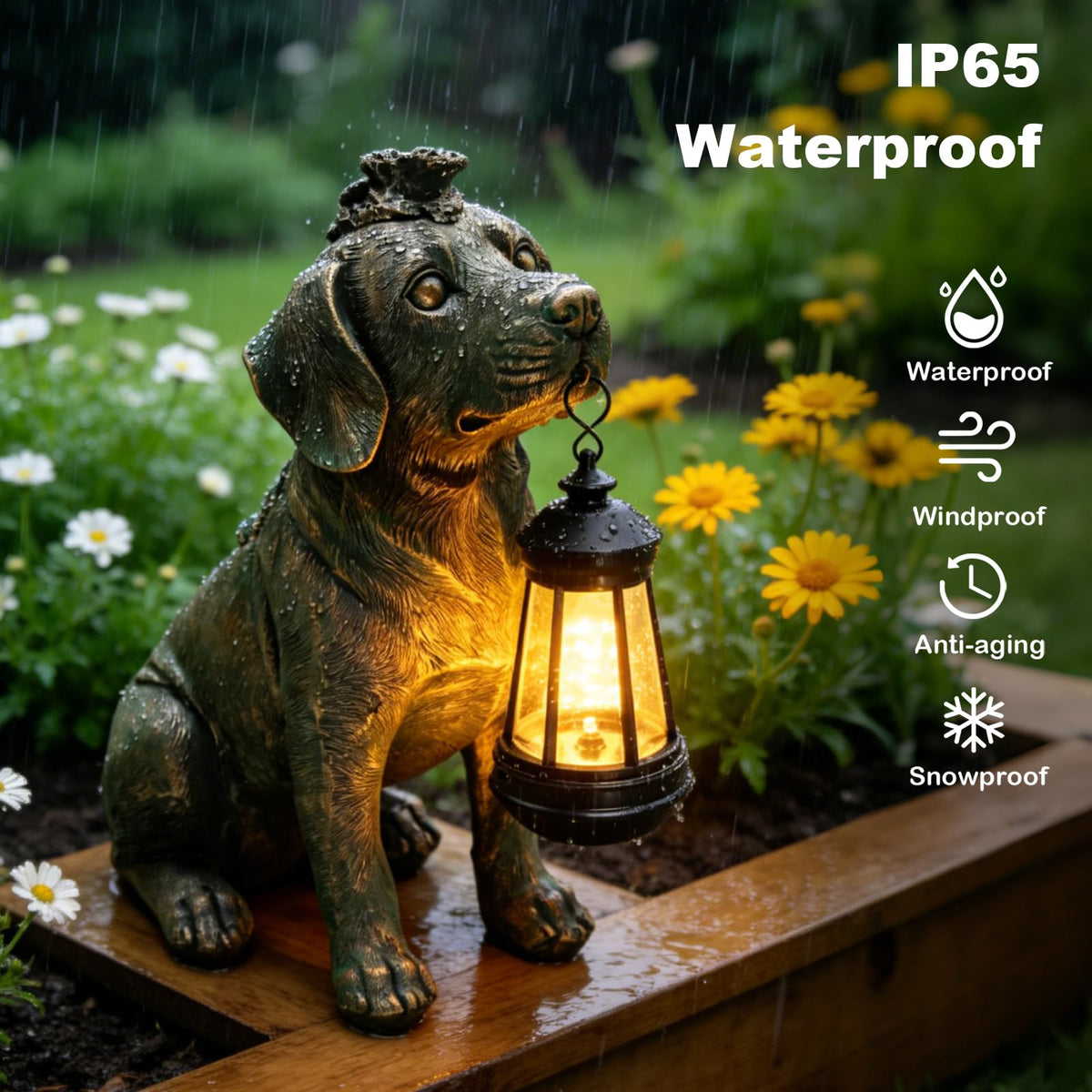 Garden Statue Dog Figurine Decor with Solar Lights 11in Outdoor Decoration (Bronze - Dog with Lantern)