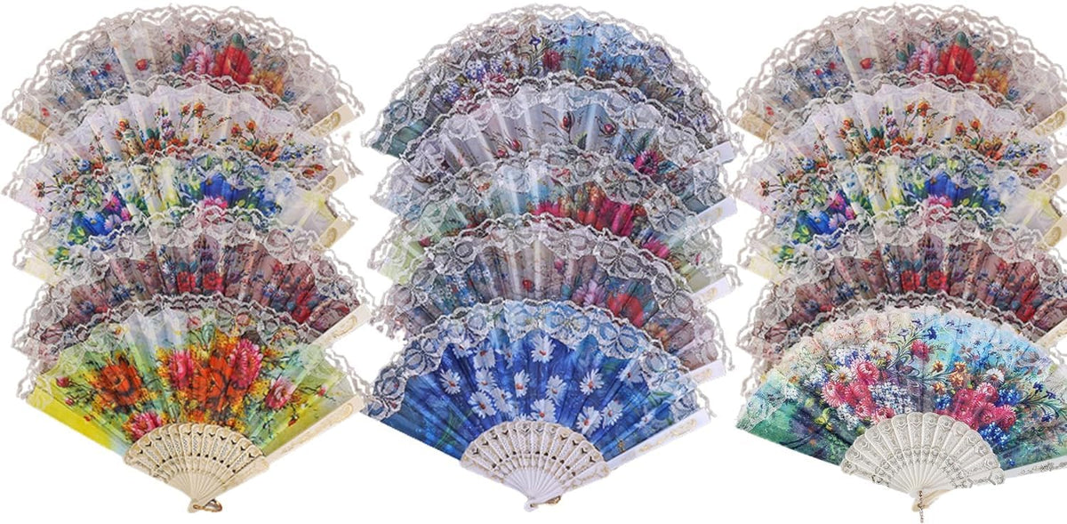 Spanish Folding Hand Fan (12 Pack,Spanish Floral,White)